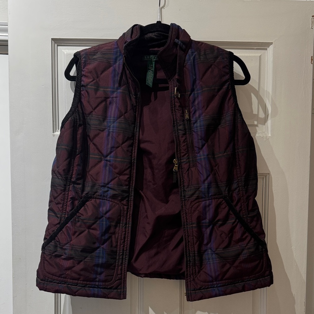 Ralph Lauren Women's Plaid Quilted Vest - Burgundy and Blue